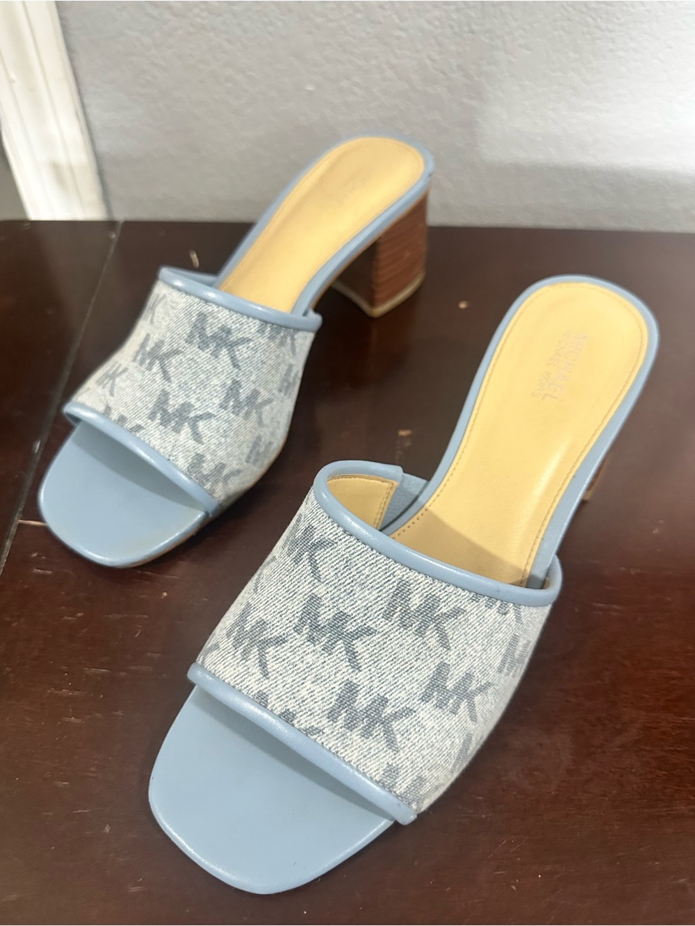 Michael Kors Light Blue MK Logo Block Heel Mules